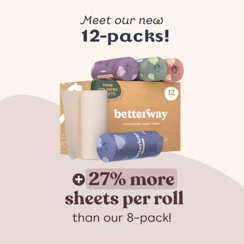 Betterway Unbleached Bamboo Paper Towels 12 Rolls - Eco-Friendly, Compostable, 2-Ply, Natural Brown