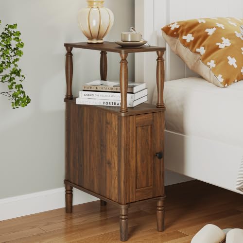 Narrow Nightstand - Slim End Side Table in Dark Walnut Brown - Veegle