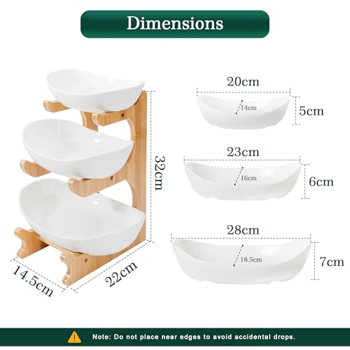3-Tier Fruit Bowl with Bamboo Stand - Ceramic Serving Basket for Kitchen Counter Storage