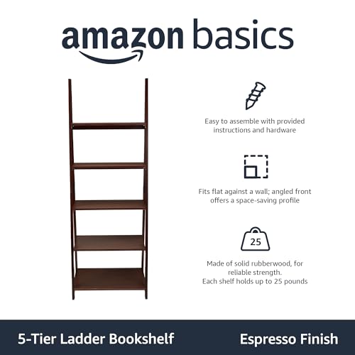 Amazon Basics Espresso 5-Tier Ladder Bookshelf Storage Organizer - Small Space, Modern Bookcase