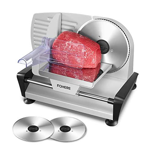 FOHERE 200W Silver Meat Slicer with 7.5-Inch Serrated & Smooth Blades, Adjustable Thickness