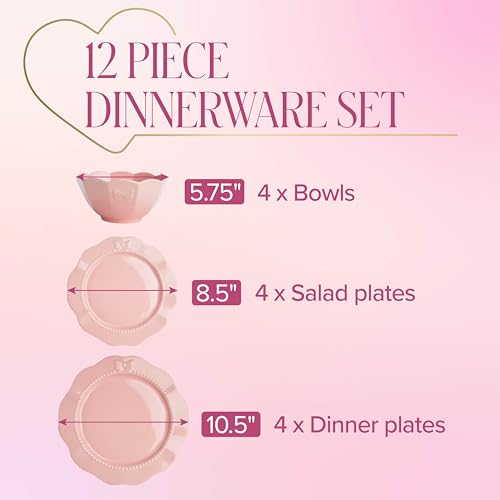 Paris Hilton Pink Embossed Bow 12-Piece Dinnerware Set for 4 – Ceramic Stoneware, Microwave & Dishwasher Safe