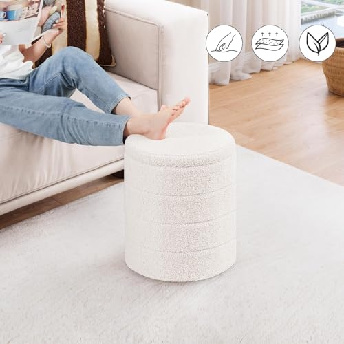 PINPLUS Cream Round Folding Storage Ottoman with Tray - 14.6 Inch Diameter