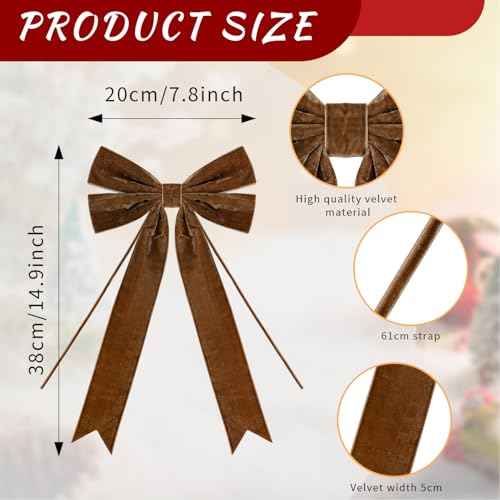 4Pcs Velvet Ribbon Bows 7.9 x 12.6 Inch Large Christmas Tree Bow with Long Tail for Gift Wrapping, Wreath, Garland, Fireplace,Staircase, Door, Window, Wedding Home Decoration (4, Brown)