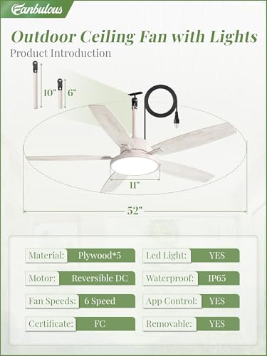 52-Inch Outdoor Ceiling Fan with Light IP65 Waterproof for Patio - White Gold, Standard