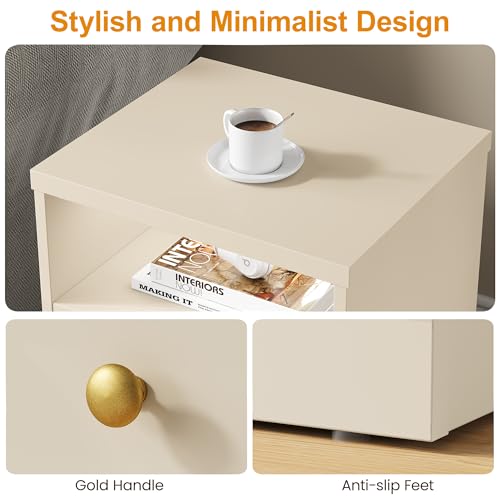 RoyalCraft Beige Nightstand Set of 2 - Modern Small End Tables with Storage Shelf and Faux Double Drawer, Bedroom Dorm Side Tables for Small Spaces