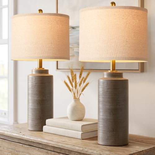 PARTPHONER 27-Inch Vintage Ceramic Table Lamp Set of 2 - Greyish Brown Farmhouse Nightstand Lamps with Ribbed Finish