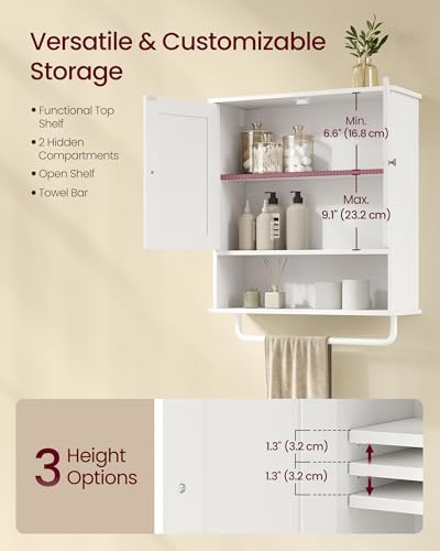 VASAGLE Wall Mounted Bathroom Cabinet with Towel Rod - Cloud White, 20" Rectangular, 2 Doors