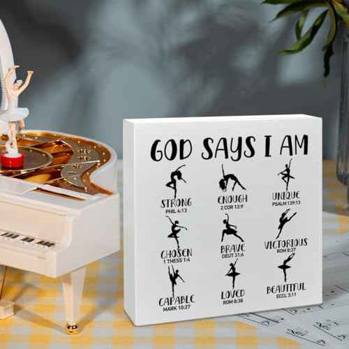 Inspirational Christian Ballet Wooden Box Sign Decor, Jesus Bible Verse Dance Decorations for Home Dance Studio, Ballet Gifts for Girls, Dancer Gifts, Gift for Dancer Ballerina, God Says I Am Strong