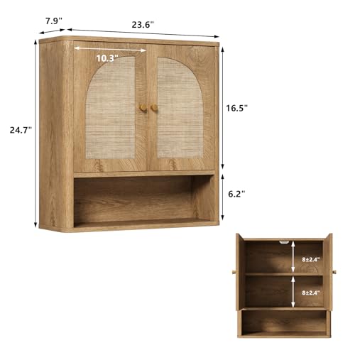 RUSTOWN Rattan Bathroom Wall Cabinet with 2 Arched Doors & Adjustable Shelf – Natural Oak