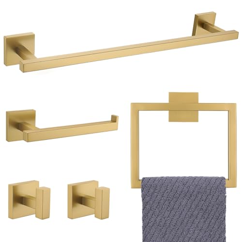 YACVCL 5-Piece Brushed Gold Towel Bar Set Wall Mount Bathroom Accessories