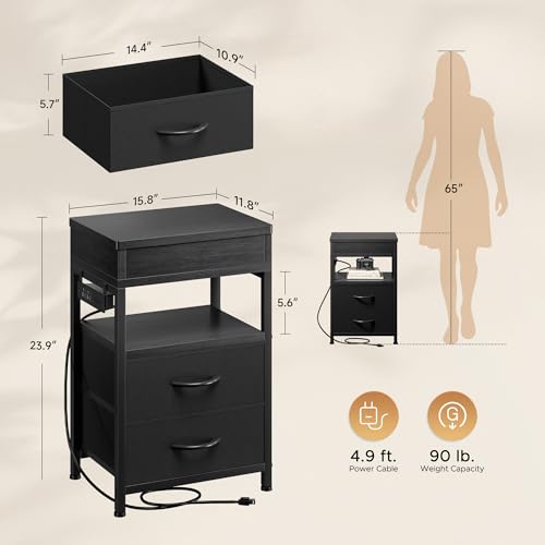 Black Nightstand with Lockable Hidden Compartment and 2 Drawers - Modern Bedside Table