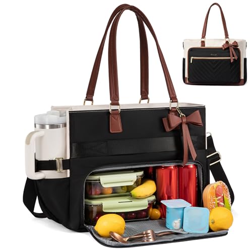 LOVEVOOK 15.6 Inch Insulated Lunch Tote Bag for Women with Large Capacity & Cup Holder - Beige-Black-Brown