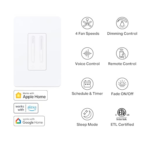 Kasa Smart Ceiling Fan Control & Dimmer Switch KS240 - Single Pole, 4 Fan Speeds & App Control
