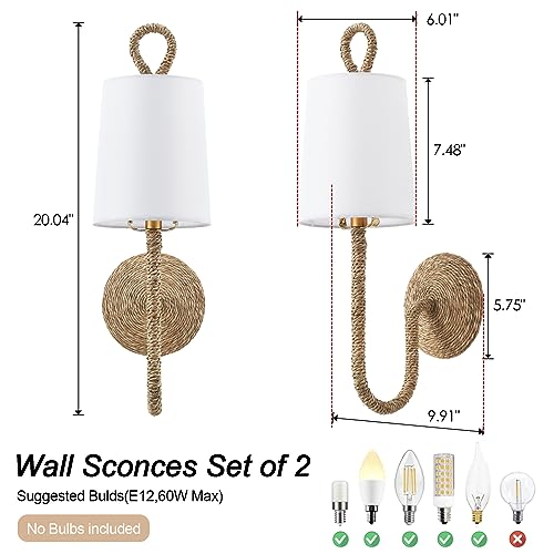 White Rattan Wall Sconce Set of 2 with Wicker Shade Boho Farmhouse Decor