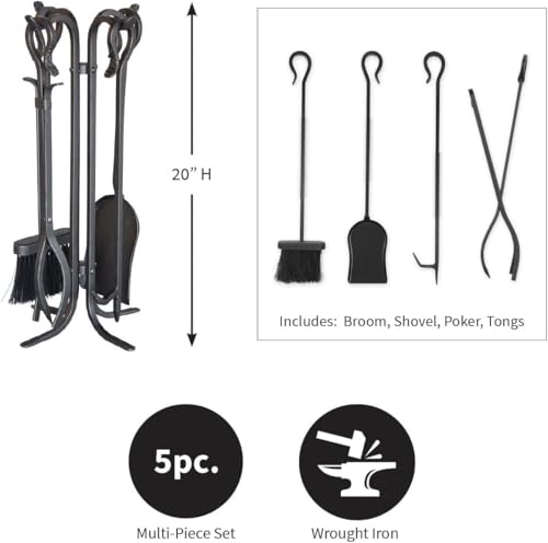 5-Piece Hand Forged Iron Fireplace Tool Set - Compact Wrought Iron Stand & Accessories