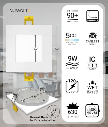 4 Inch LED Recessed Square Lighting Kit, Dimmable, 5-Color CCT, ETL Certified - 6 Pack