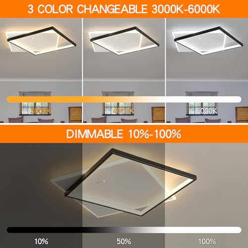 Square 1 Light Modern LED Ceiling Light Fixture - Dimmable Flush Mount 22" Black Bedroom Lighting with Remote