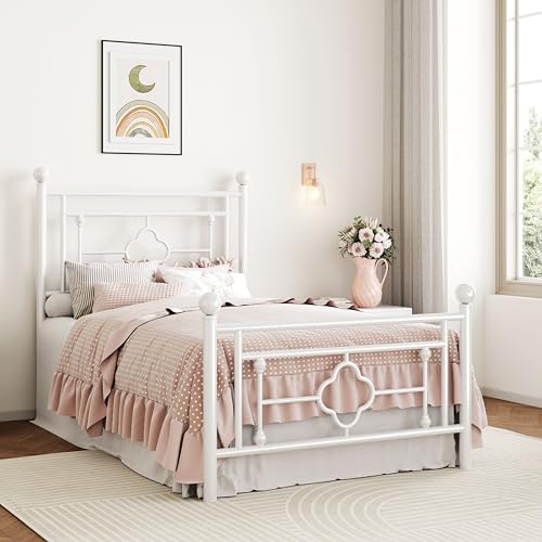 SHA CERLIN 14 Inch Twin Metal Platform Bed Frame with Vintage Iron Headboard - White, Noise-Free & Easy Assembly
