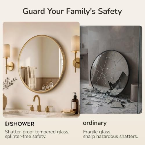 USHOWER 30 Inch Round Gold Bathroom Mirror with Sculpted Inner-Edge Frame - Over Sink Vanity