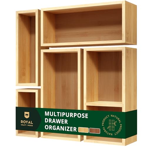 Natural Bamboo Drawer Organizer Set - 5-Piece Multi-Use Storage Bins for Kitchen, Bathroom, Office & Jewelry