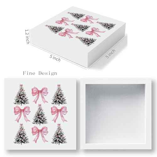 HONLUNG Christmas Tree Decorations Sign,Pink Bows Wooden Box,Christmas Decorations for Home Office Bedroom Living Room Shelf Desk Decor, 5x5 Inches