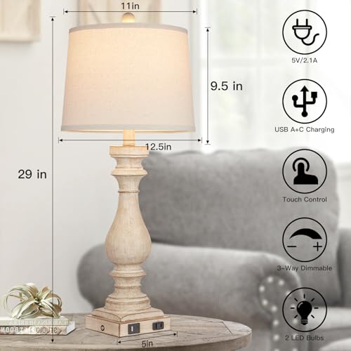 Beige 29-Inch Tall Farmhouse Table Lamp Set of 2 with USB C & A Ports, AC Outlet, Dimmable Touch Control