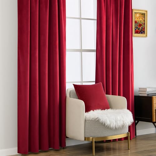 MIULEE Red Velvet Curtains 52x108 Inches, Pack of 2, Back Tab & Rod Pocket