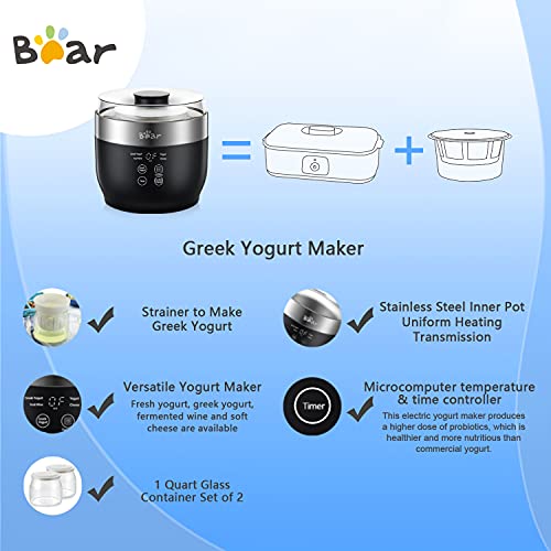 Bear Yogurt Maker with Strainer & Timer Control - 2 x 33.8 oz Capacity, Stainless Steel