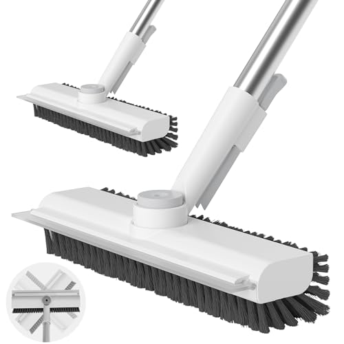 White 3-in-1 Floor Scrub Brush with Long Handle - Heavy-Duty Stiff Bristles & Scraper, 2 Pack