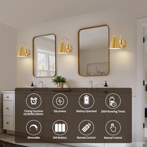 Powfloven Vintage Rechargeable Wall Sconces Set of 2, Gold Battery