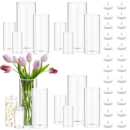 PNJHDZ 16-Piece Glass Cylinder Vase Set for Centerpieces with 24 Floating Candles - 4 Sizes