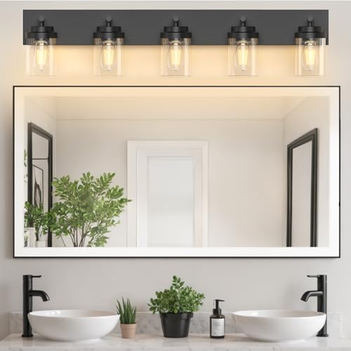 IZORRO 36 Inch Black 5-Light Bathroom Vanity Light Fixture with Clear Glass Shades - Modern Farmhouse Style, Dimmable, Over Mirror