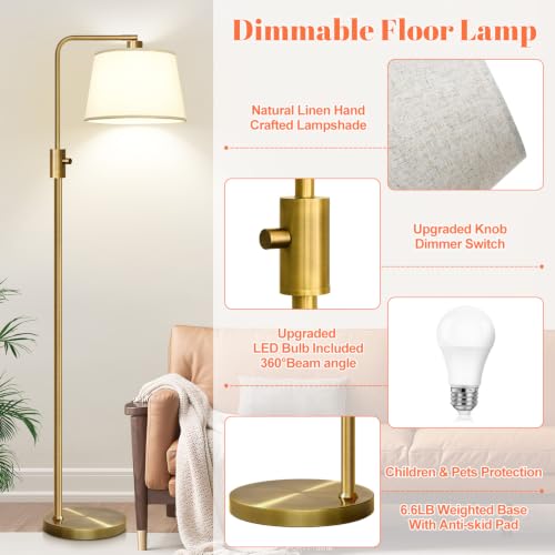 Dimmable Brass Floor Lamp with Linen Shade - Modern Arc Standing Lamp for Living Room & Bedroom