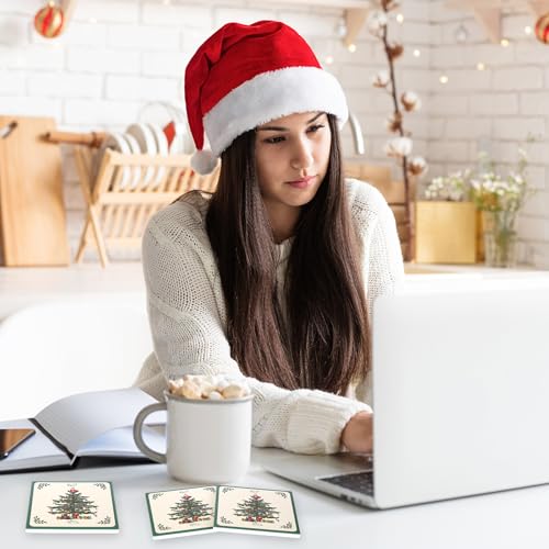 Vintage Christmas Tree Ceramic Coasters Set of 4 - Holiday Drink Mats for Home & Gifts