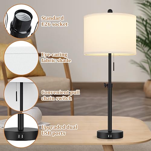 Kondras Adjustable Bedside Table Lamp Set - Black Base & White Shade, 23-30 Inches