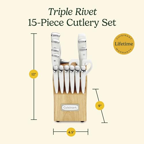 White 15-Piece Knife Set with Block - High Carbon Stainless Steel, Forged, Triple Rivet