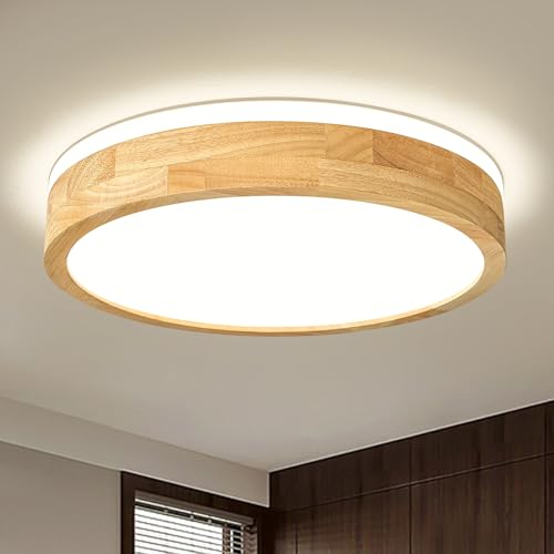 Dimmable Wood Flush Mount Ceiling Light 15.74in - 5CCT Adjustable Modern LED Fixture