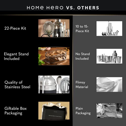 Home Hero 22-Piece Silver Bartender Kit with Wooden Stand & Recipe Book