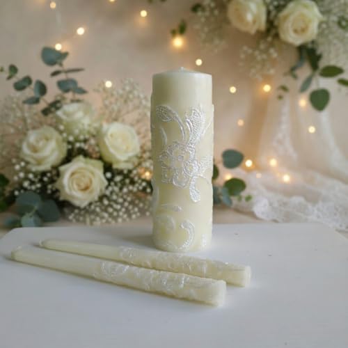 Cream Wedding Unity Candle Set with Pillar and Taper Candles - 11.5 Inch