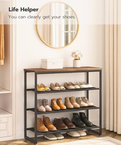 HOOBRO 29.5" Rustic Brown & Black 4-Tier Shoe Rack with Oxford Fabric Shelves & Top Panel