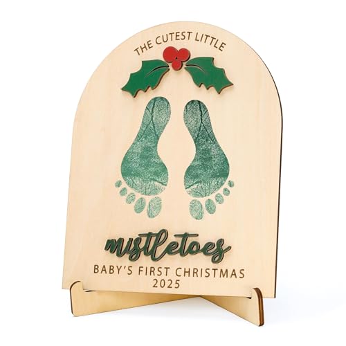 Baby¡¯s First Christmas 2025 Wooden Mistletoes Footprint & Handprint Art, DIY Baby Craft Keepsake, Rustic Christmas Milestone Card, Grandparents Gifts, Baby Shower or Newborn Photoshoot Prop