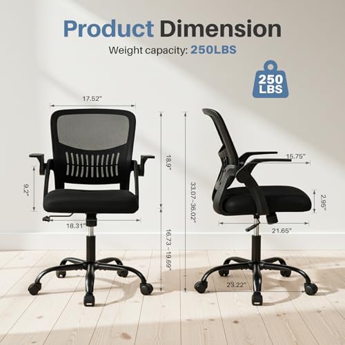 DUMOS Ergonomic Office Desk Chair with Lumbar Support, Adjustable Height, Black, 23.8 x 22.3 x 38.4 inches