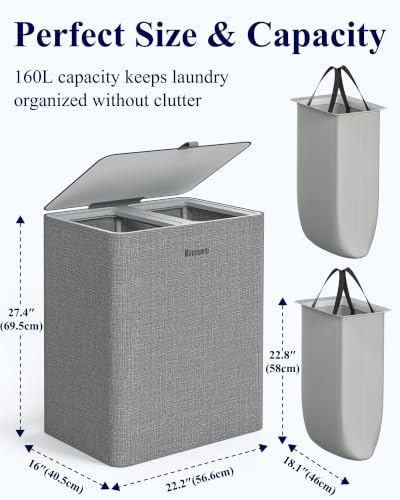 Gray Laundry Hamper with Lid 160L - 2-Compartment Sorter & Removable Bags