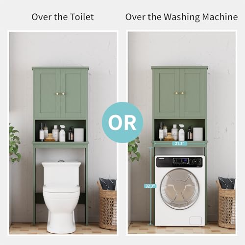 Shintenchi Over the Toilet Storage Cabinet - Green Bathroom Shelving with Adjustable Shelves and Doors