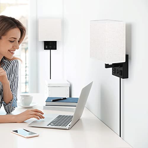 Black CADUKE Bedside Wall Lamp Set of 2 with USB & AC Outlet - Modern Wall Sconces