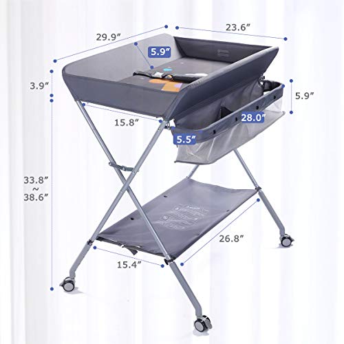 EGREE Portable Folding Baby Changing Table with Wheels & Adjustable Height - Grey