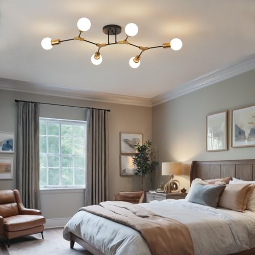 Gold and Black Sputnik Semi Flush Ceiling Light Fixture - 6 Light Variation