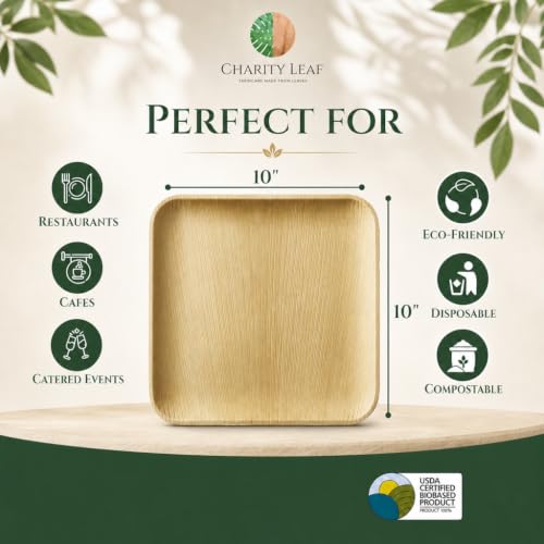 Charity Leaf 50-Pack 10-Inch Square Compostable Bamboo Dinner Plates - Heavy Duty, Eco-Friendly, Disposable for Parties & Events