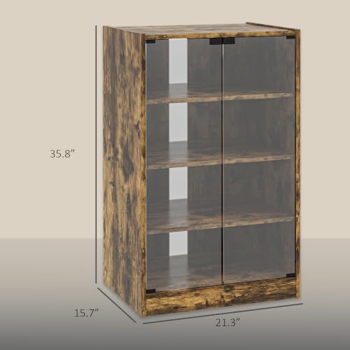Large Rustic Brown Media Cabinet 4-Tier Glass Door Entertainment Storage